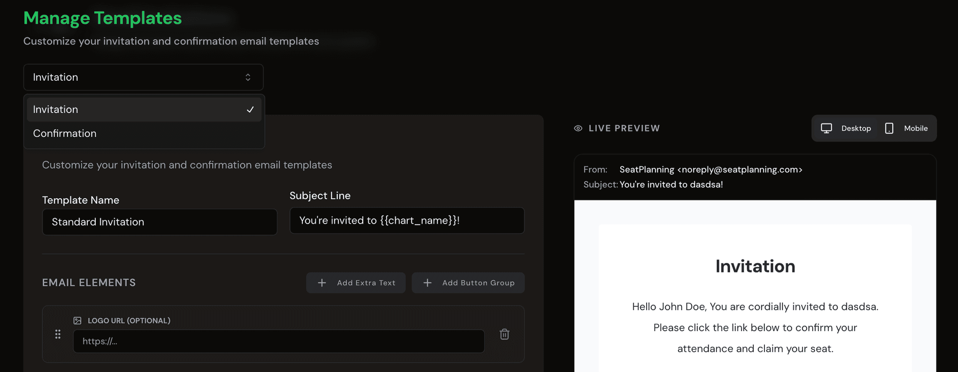 E-Mail-Einladungen: Einladungsvorlage mit Live-Vorschau bearbeiten