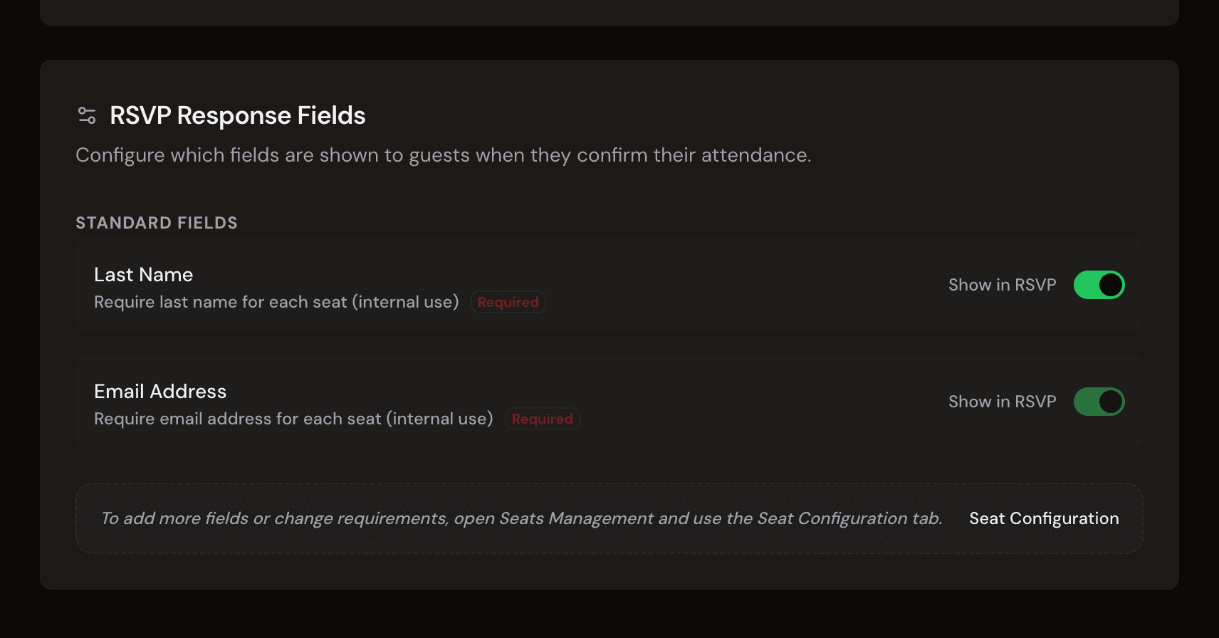 RSVP-Konfiguration: RSVP-Typ (Manuell, Öffentliches RSVP oder Digital Ticket & QR-Einlass) und Antwortfelder