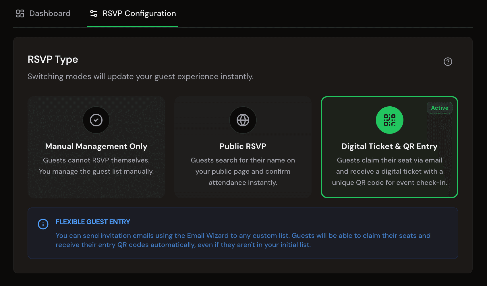 RSVP-Verwaltung: Kennzahlen, Einladungs-Shortcuts und Einlass-Tools