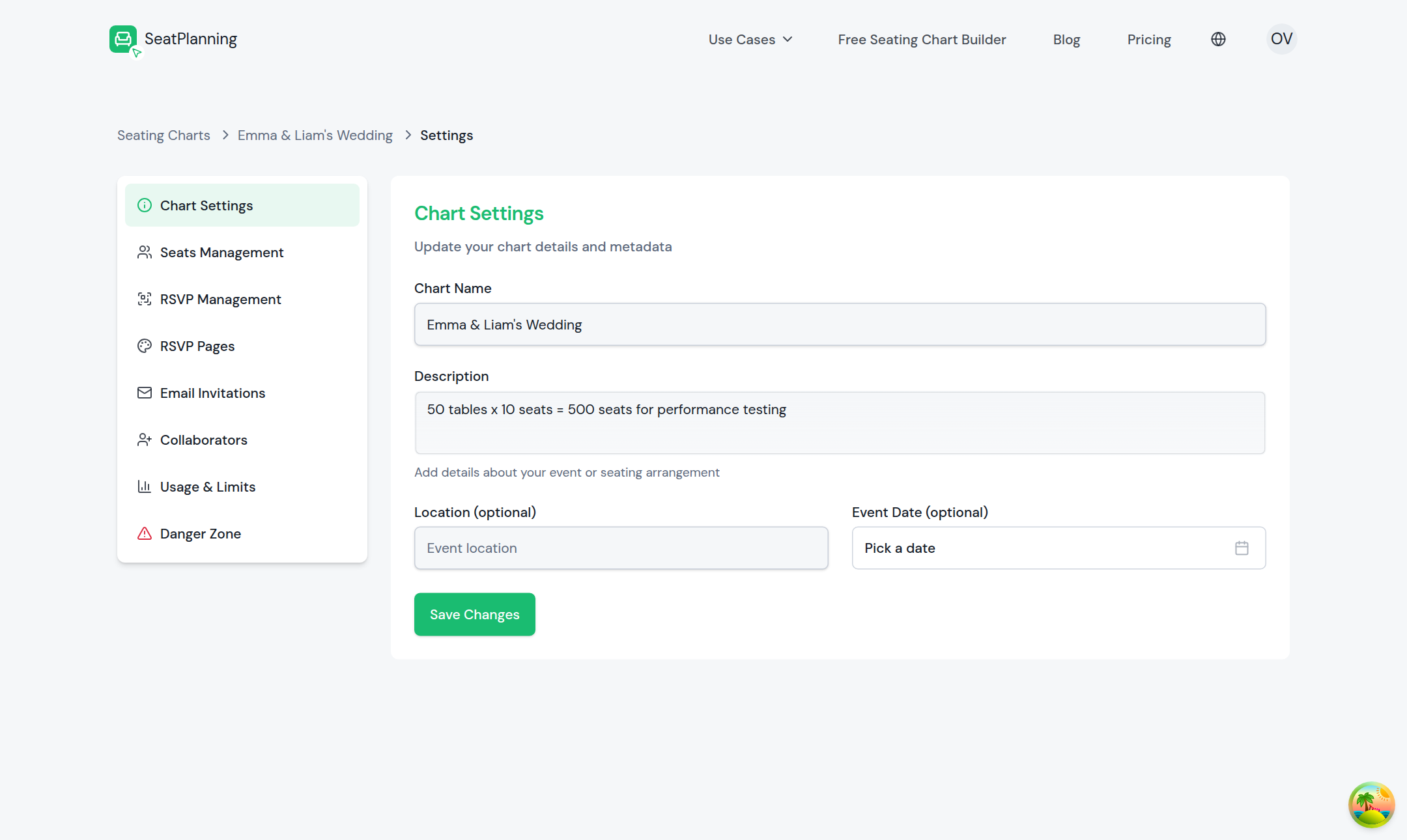 The chart settings page with a sidebar of sections and the chart info form