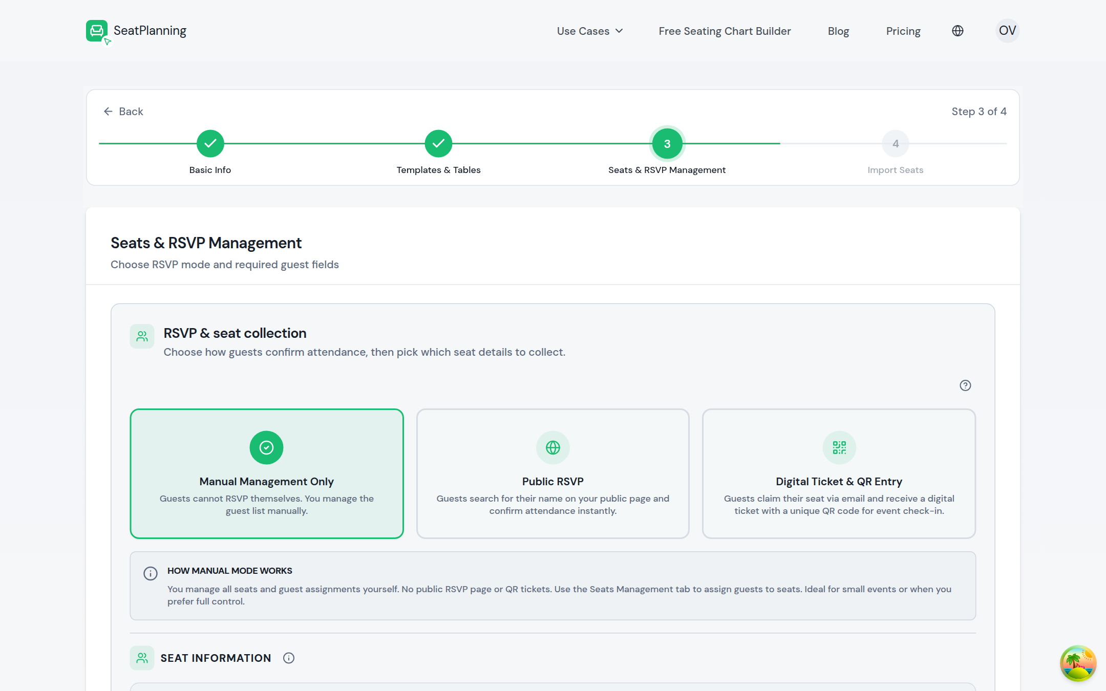 Step 3 of the create chart wizard: choose an RSVP mode and required guest fields