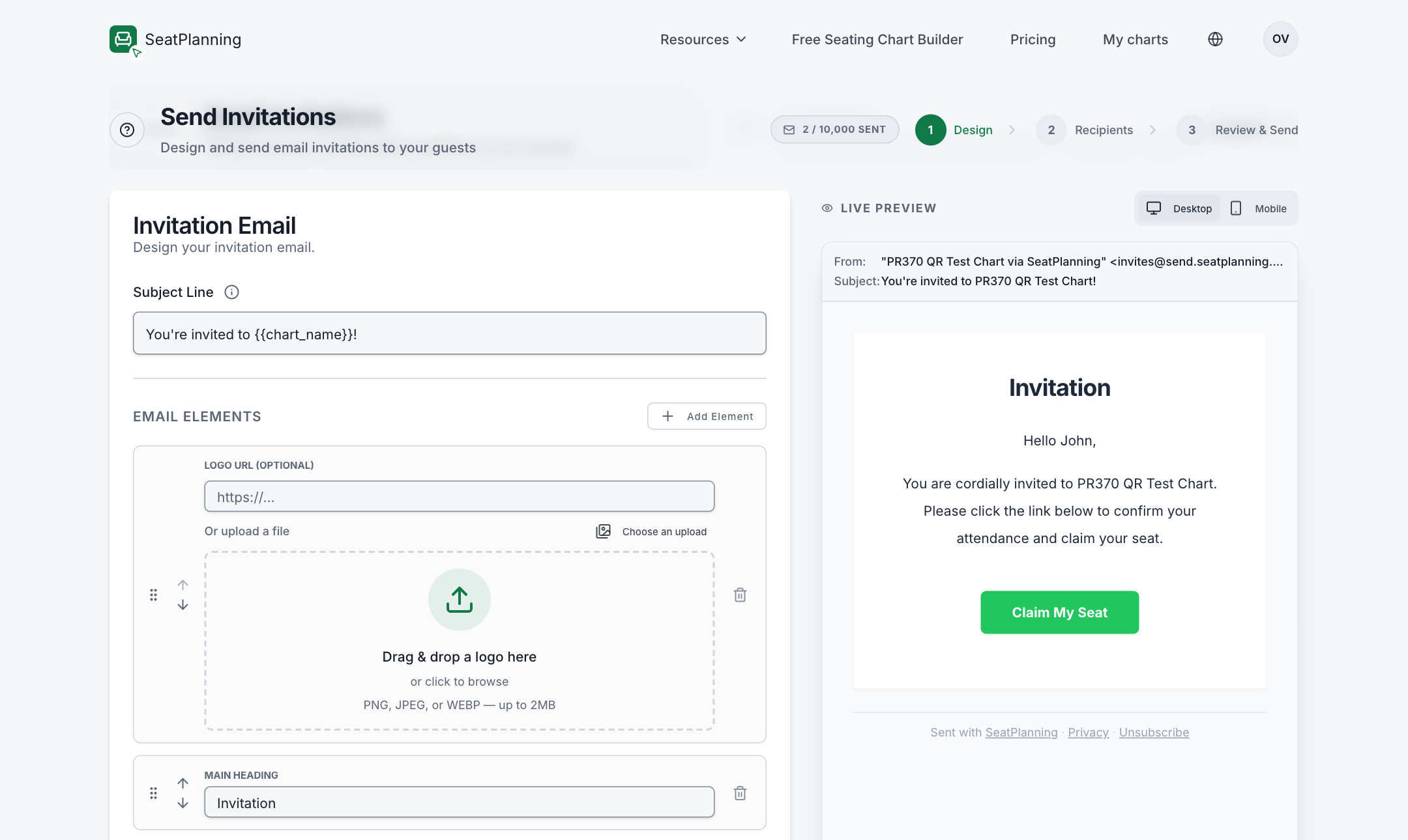 L'éditeur d'e-mail d'invitation avec l'objet, les éléments de l'e-mail et un aperçu en direct montrant l'e-mail rendu