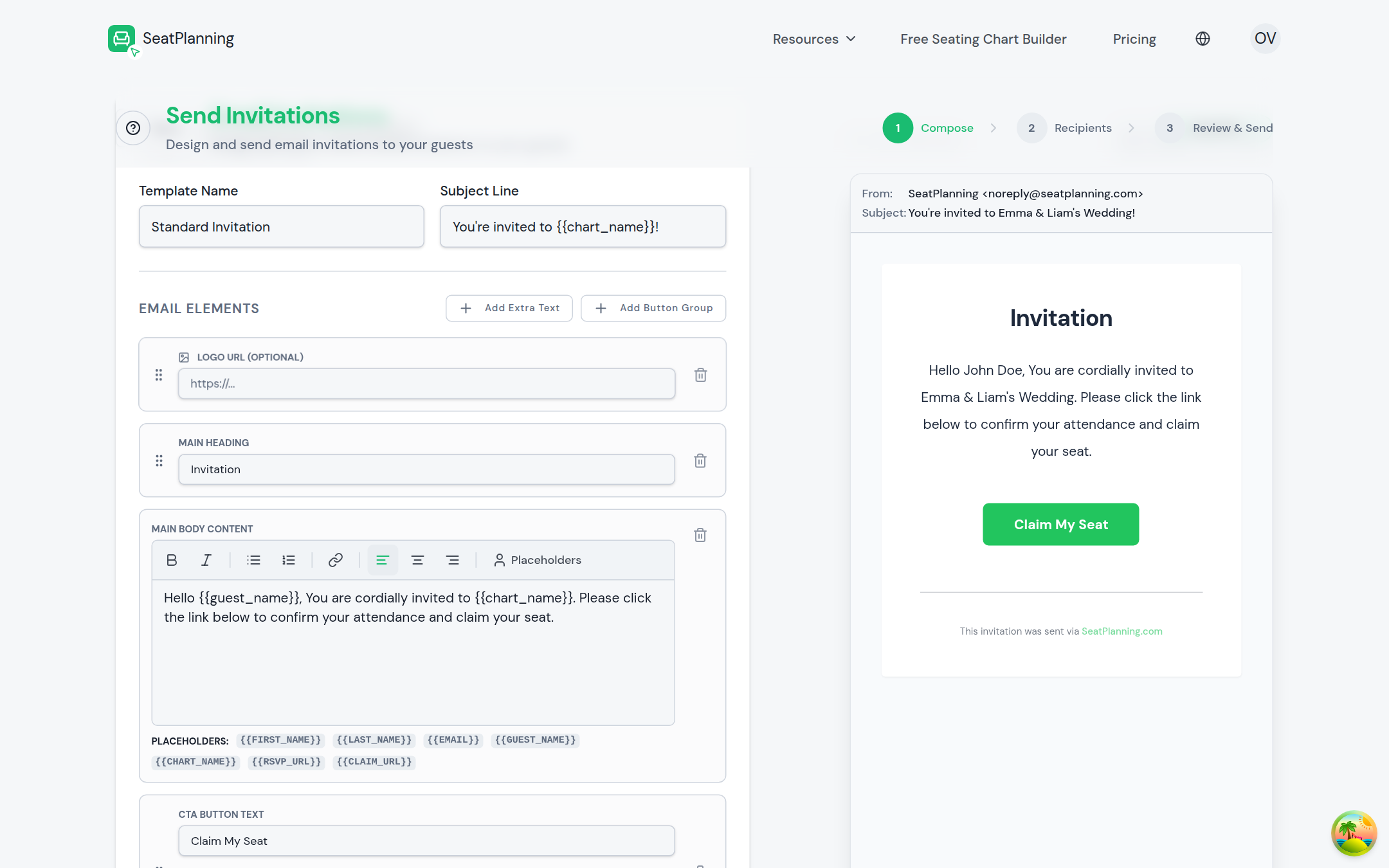 L'étape Composer de l'assistant d'invitations par e-mail, avec les champs du modèle à gauche et un aperçu de l'e-mail en direct à droite