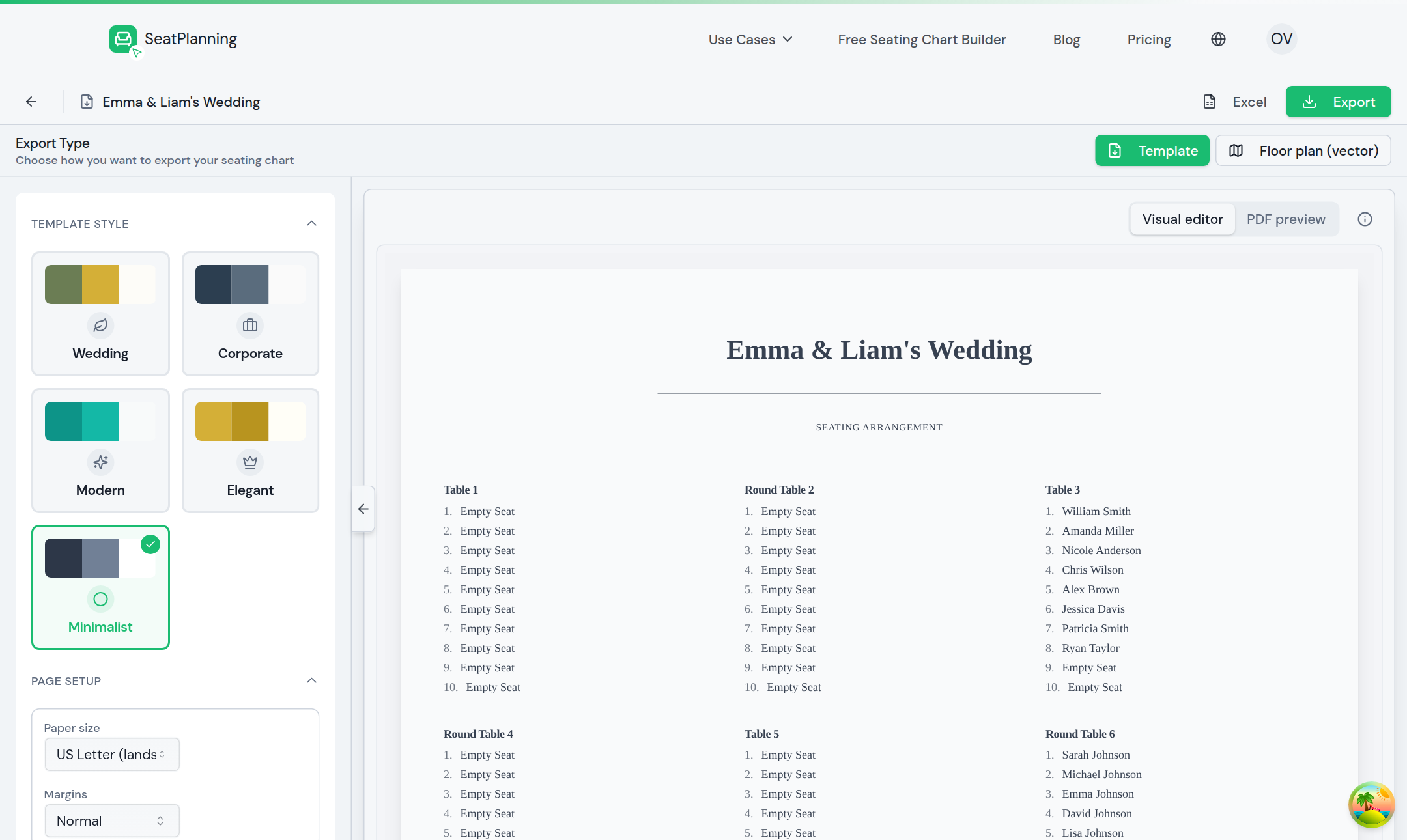 The export page with a template picker on the left and a live PDF preview of the guest list