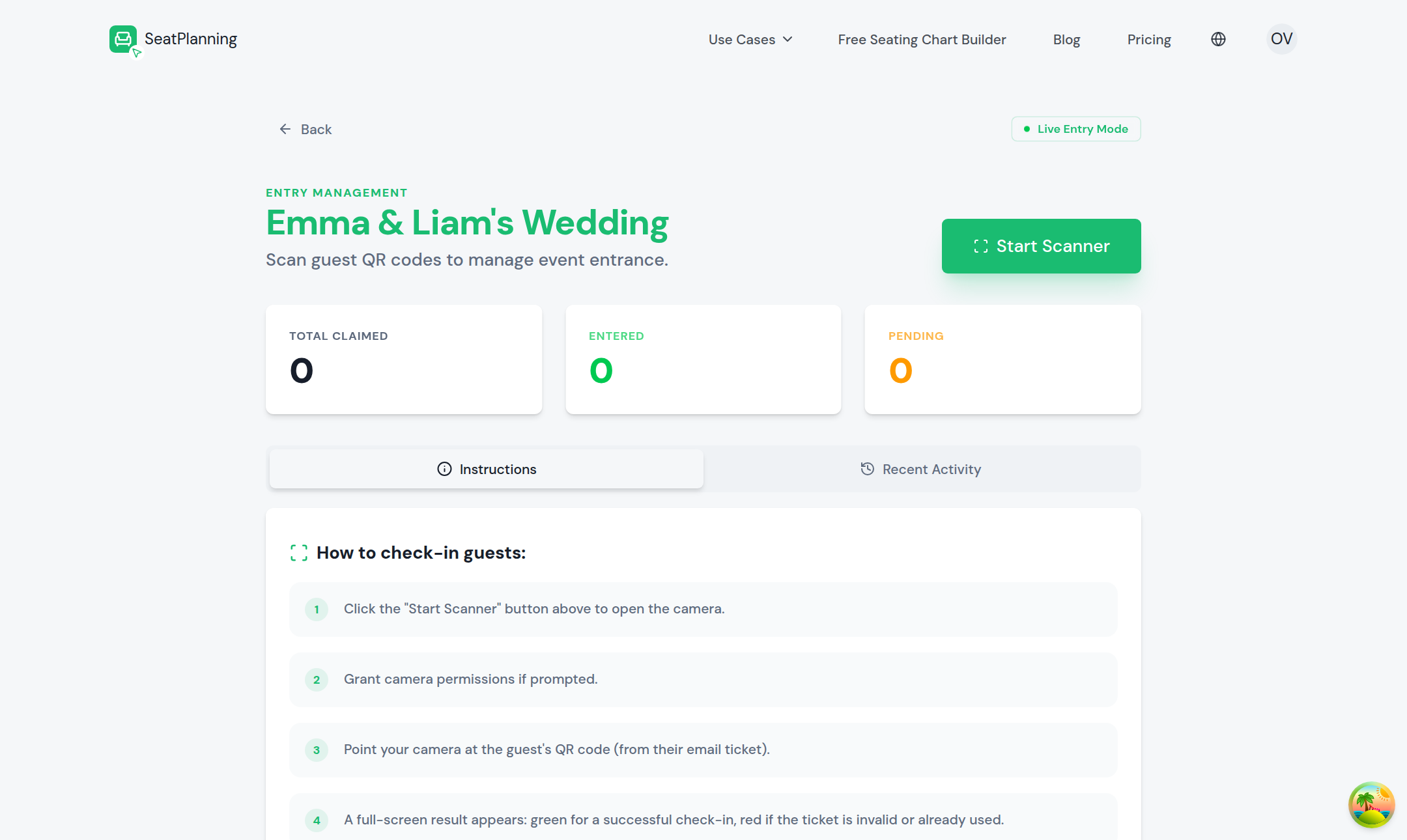 The door scanner in Live Entry Mode with counts and check-in instructions